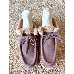 Lucky Brand Brown Suede Faux Fur Shearling Lined Moccasin Toe Clogs Womens 6
